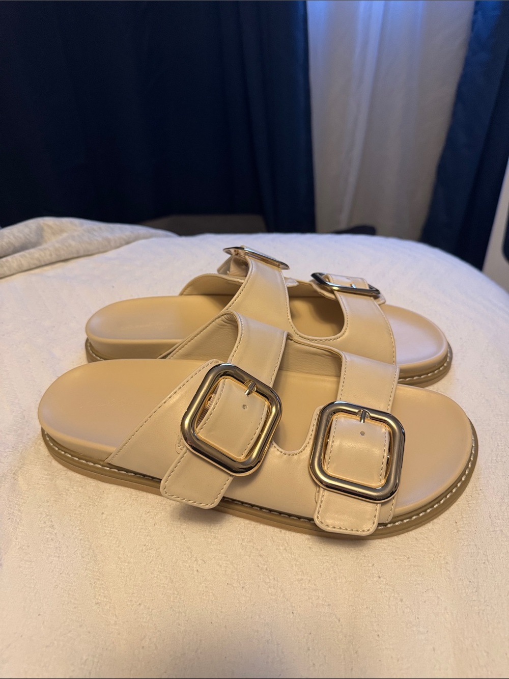 Women’s Cream Double-Buckle Slide Sandals